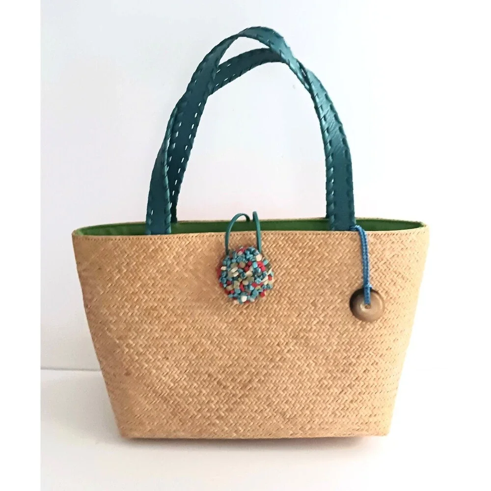The Sak Rattan Shoulder Tote Turquoise Leather Straps Multi Stone Toggle Button
